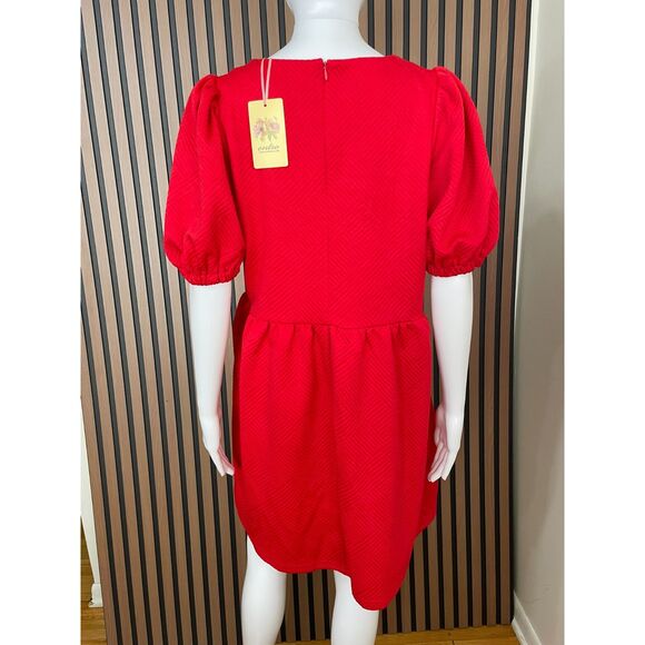 Entro Women's Dress Shift Square Neck Stretch Textured Short Puff Sleeve L Red - Picture 2 of 9